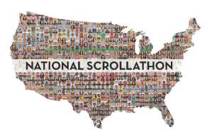 Map of the United States where diverse faces fill in the map. "National Scrollathon" is written on top of the map.