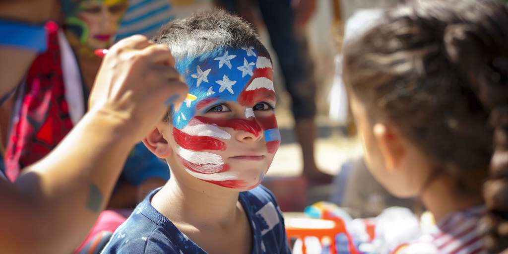 Young boy getting his face painted with American flag