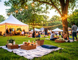 Community picnic with blankets, food tents, and string lights
