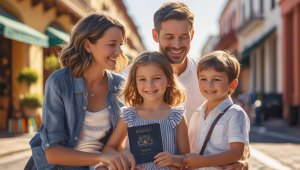 Family of four holding a copy of Ridgefield CT's Passport Game.